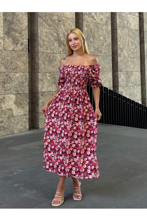 V095 Kadın Kare Yaka Gipeli Desenli Viskon Elbise