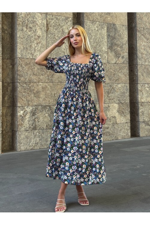 V095 Kadın Kare Yaka Gipeli Desenli Viskon Elbise