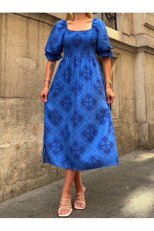 V095 Kadın Kare Yaka Gipeli Desenli Viskon Elbise