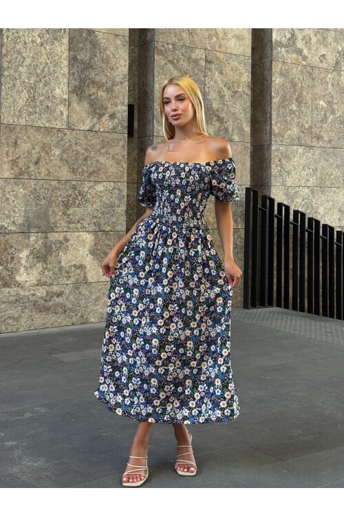 V095 Kadın Kare Yaka Gipeli Desenli Viskon Elbise