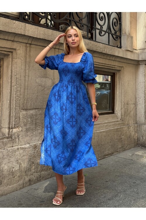 V095 Kadın Kare Yaka Gipeli Desenli Viskon Elbise