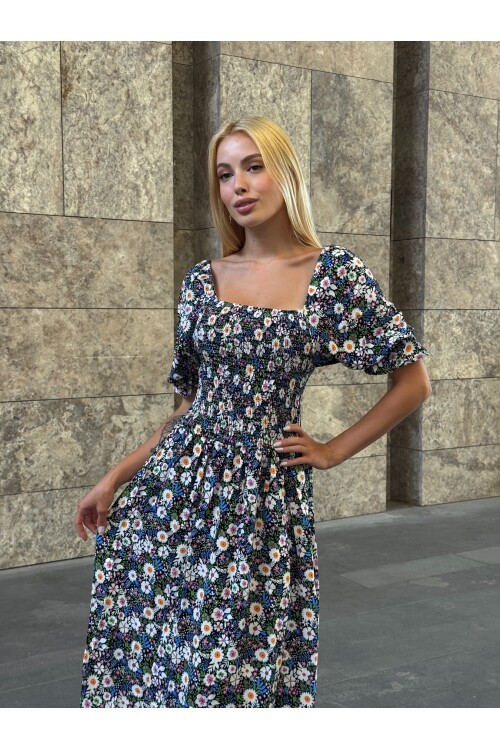 V095 Kadın Kare Yaka Gipeli Desenli Viskon Elbise