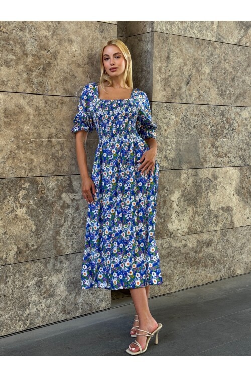 V095 Kadın Kare Yaka Gipeli Desenli Viskon Elbise