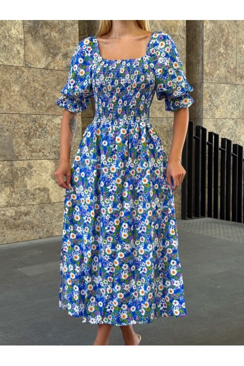 V095 Kadın Kare Yaka Gipeli Desenli Viskon Elbise