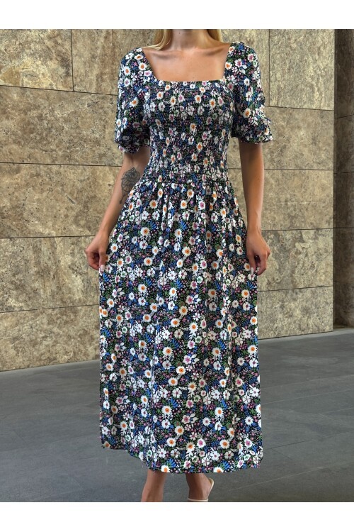 V095 Kadın Kare Yaka Gipeli Desenli Viskon Elbise