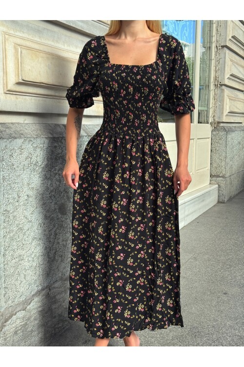 V095 Kadın Kare Yaka Gipeli Desenli Viskon Elbise