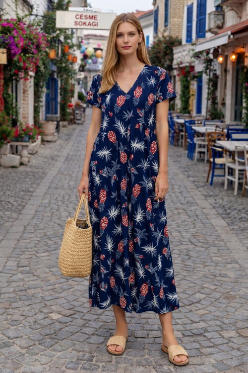 V100 Kadın Kollu V Yaka Elbise 