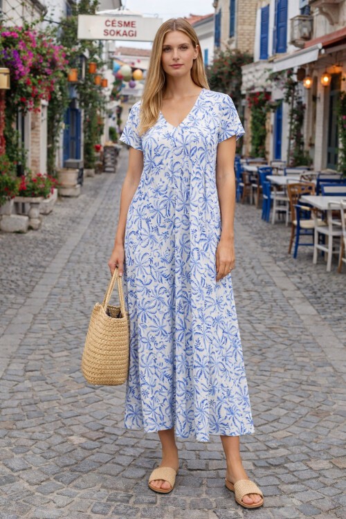 V100 Kadın Kollu V Yaka Elbise 