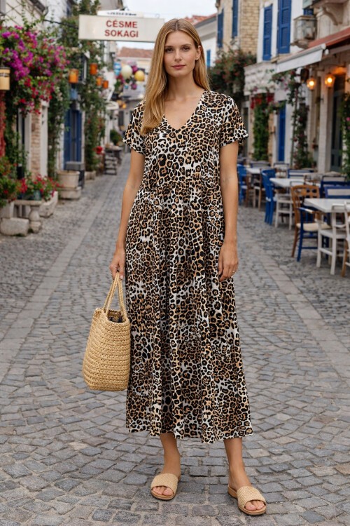 V100 Kadın Kollu V Yaka Elbise 