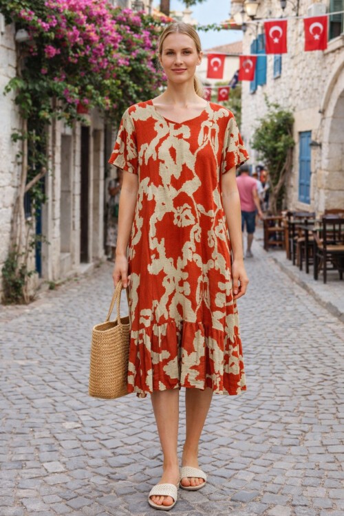 V14 Kadın Kollu Eteği Fırfırlı Elbise