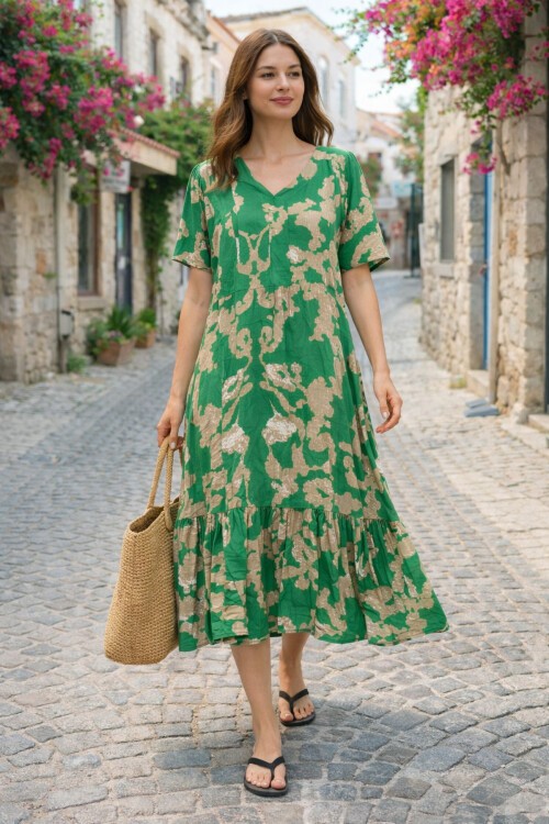 V14 Kadın Kollu Eteği Fırfırlı Elbise