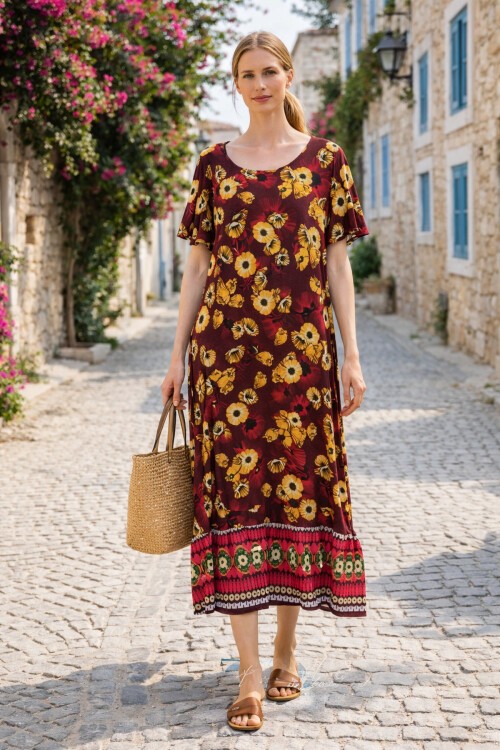 V144 Kadın Kollu Eteği Sulu Elbise