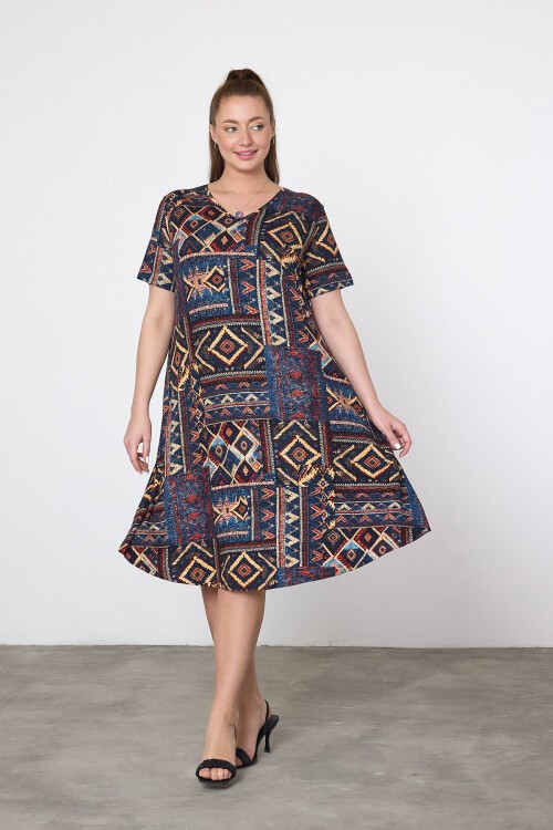 V20 Otantik Desenli V Yaka Kısa Kol Pamuk Penye Elbise