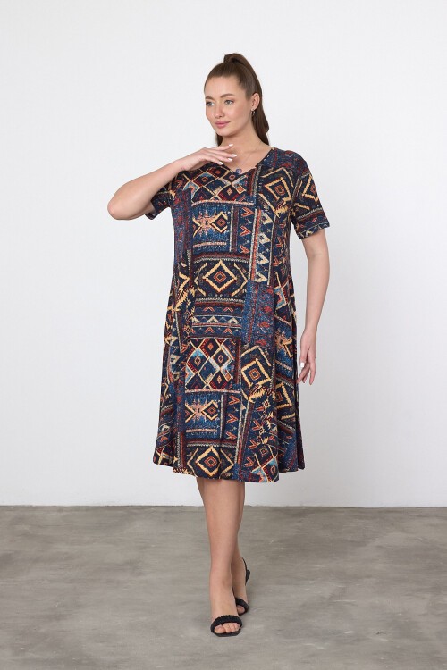 V20 Otantik Desenli V Yaka Kısa Kol Pamuk Penye Elbise