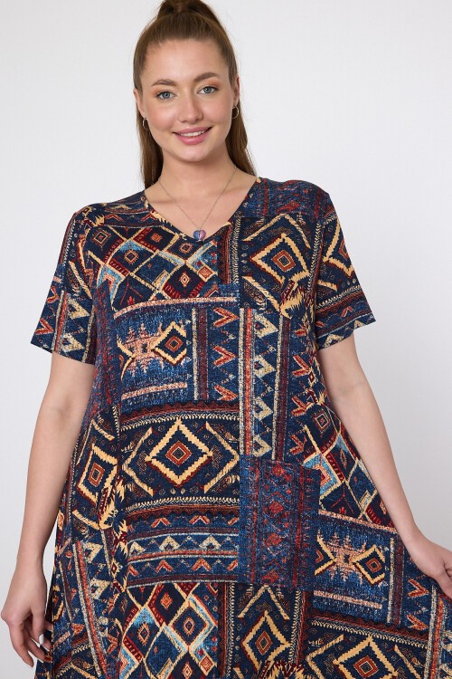 V20 Otantik Desenli V Yaka Kısa Kol Pamuk Penye Elbise