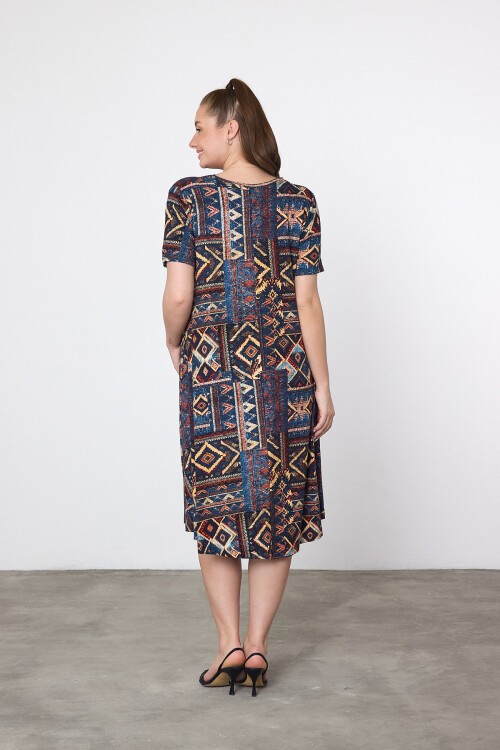 V20 Otantik Desenli V Yaka Kısa Kol Pamuk Penye Elbise