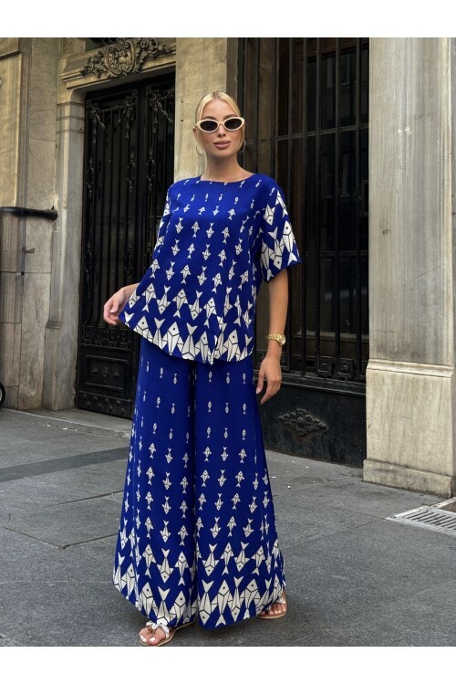 V201 Saks Mavi Balık Desenli Kısa Kol Bluz Pantolon Takım