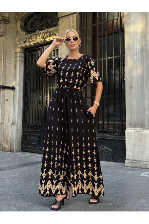 V201 Siyah Kahve Balık Desenli Kısa Kol Bluz Pantolon Takım