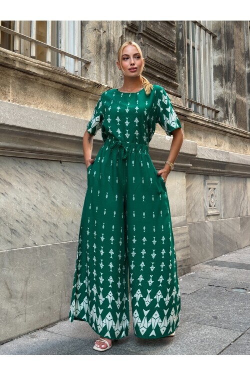 V201 Zümrüt Yeşil Balık Desenli Kısa Kol Bluz Pantolon Takım