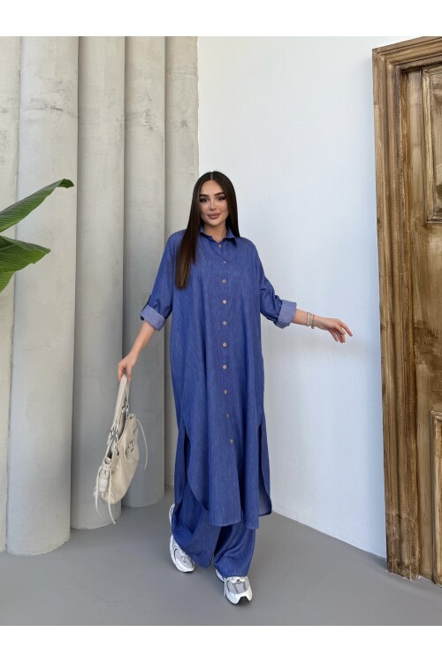 V202 Koyu Denim Düğme Kapamalı Gömlek Pantolon Takım