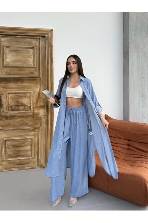 V202 Açık Denim Düğme Kapamalı Gömlek Pantolon Takım