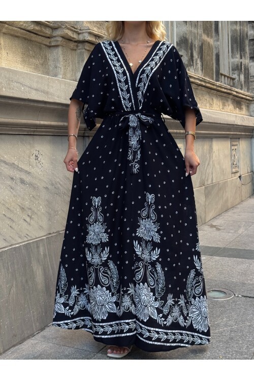 V208 Kadın V Yaka Gipeli Kemerli Desenli Viskon Elbise