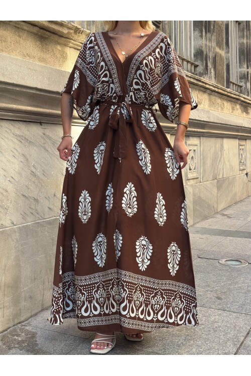 V208 Kadın V Yaka Gipeli Kemerli Desenli Viskon Elbise