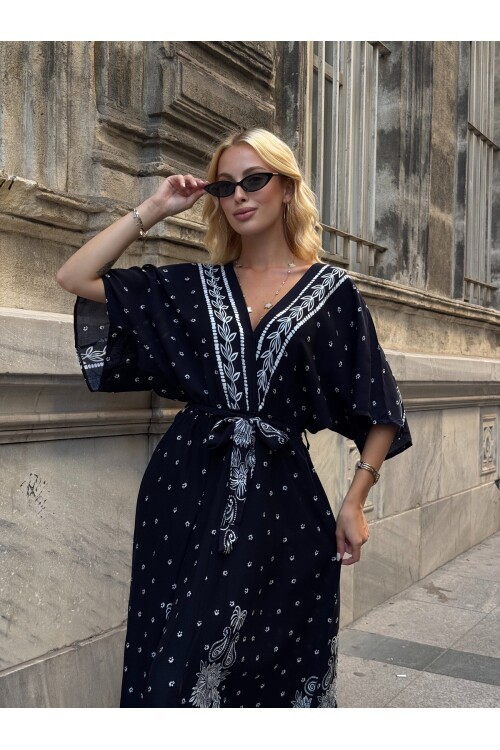 V208 Kadın V Yaka Gipeli Kemerli Desenli Viskon Elbise