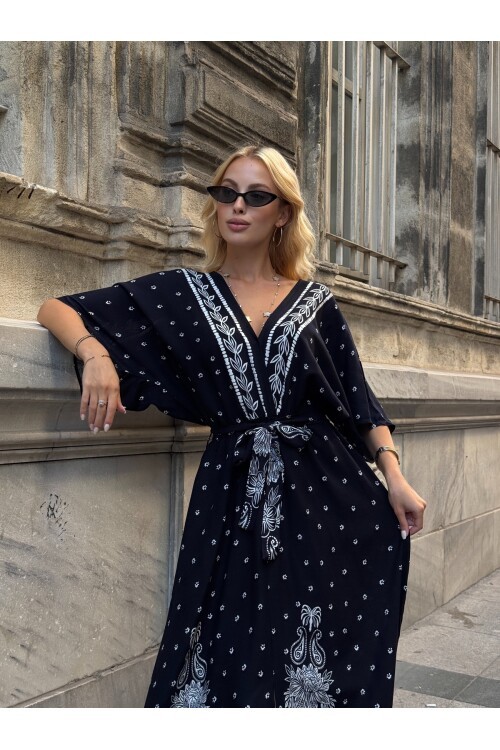 V208 Kadın V Yaka Gipeli Kemerli Desenli Viskon Elbise