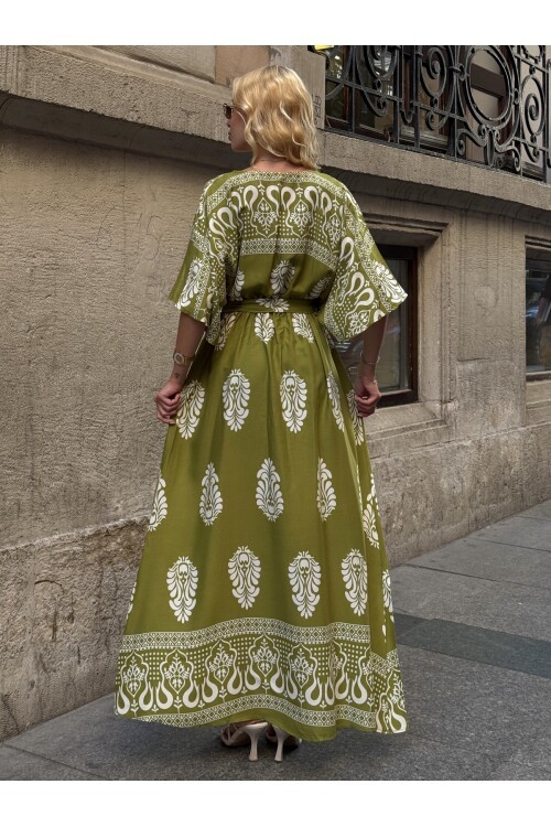 V208 Kadın V Yaka Gipeli Kemerli Desenli Viskon Elbise