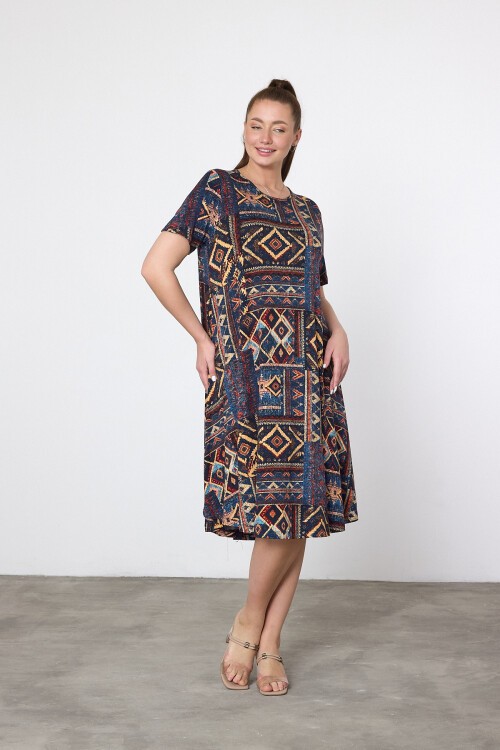 V21 Çiçek Desenli Oval Yaka Kısa Kol Pamuk Penye Elbise