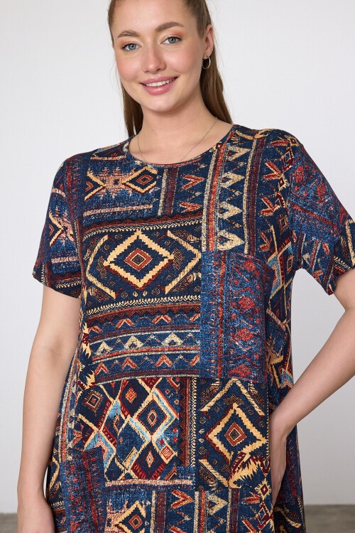 V21 Çiçek Desenli Oval Yaka Kısa Kol Pamuk Penye Elbise