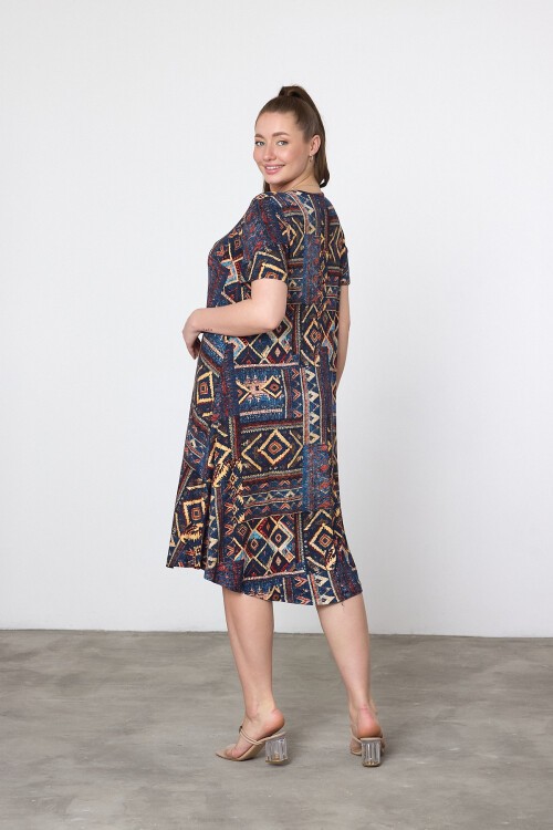 V21 Çiçek Desenli Oval Yaka Kısa Kol Pamuk Penye Elbise