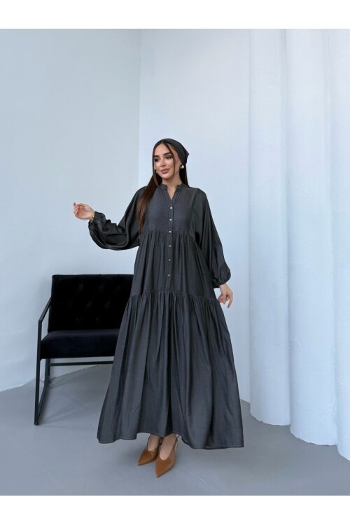 v223 Siyah Tensel Bele Kadar Düğmeli Tesettür Elbise