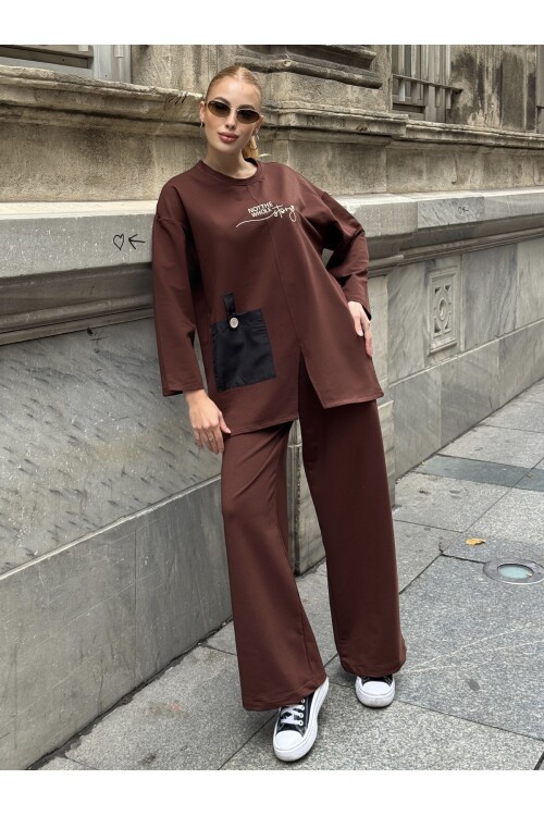 V227 Kahve Nakışlı Oysho Takım