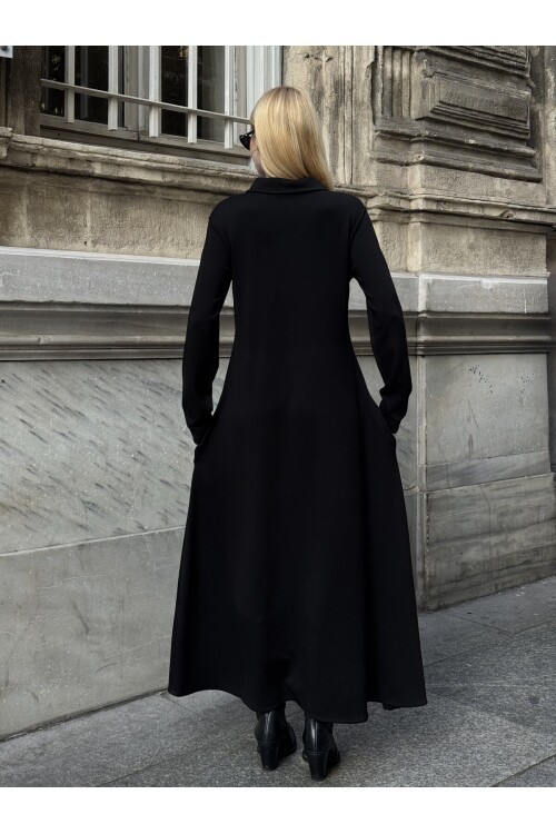 V235 Siyah Fermuarlı Uzun Kol Elbise