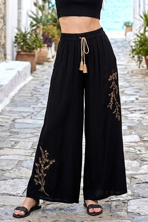 V251 Siyah Nakışlı Bol Paça Pantolon