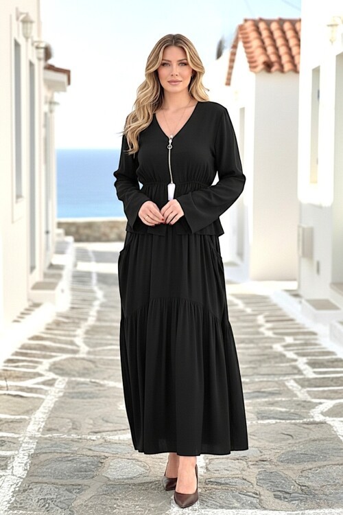 V252 Siyah Göğüs Fermarlı Etekli Takım