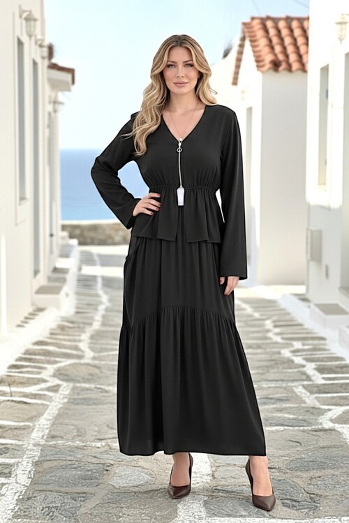 V252 Siyah Göğüs Fermarlı Etekli Takım