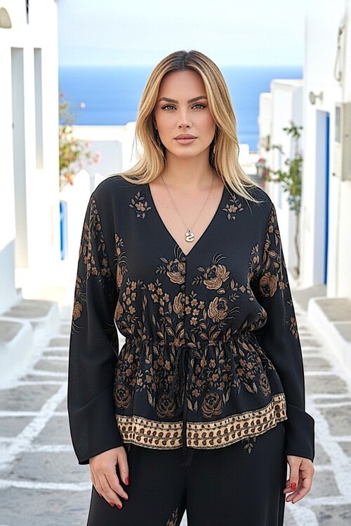 V254 Siyah Yeşili Desenli Gömlek Takım