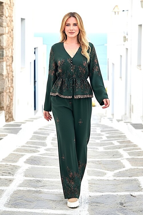V254 Zümrüt Yeşili Desenli Gömlek Takım