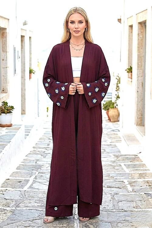 V256 Bordo Arkası Desenli Kimono Takım