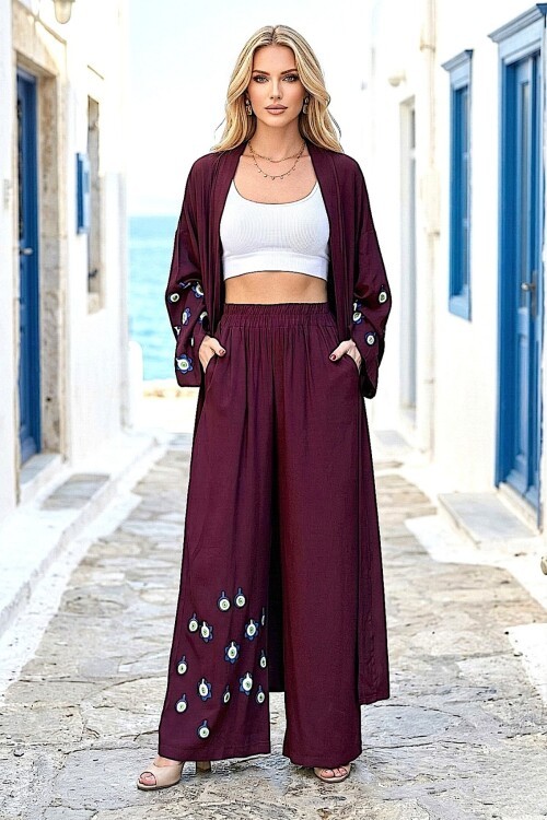 V256 Bordo Arkası Desenli Kimono Takım
