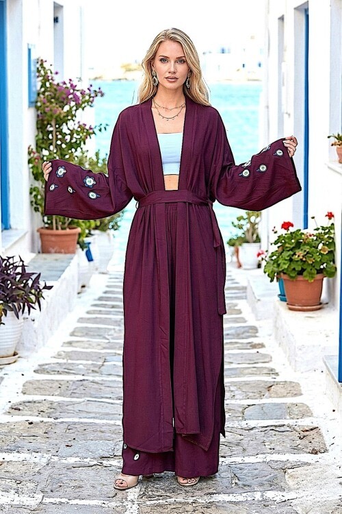 V256 Bordo Arkası Desenli Kimono Takım