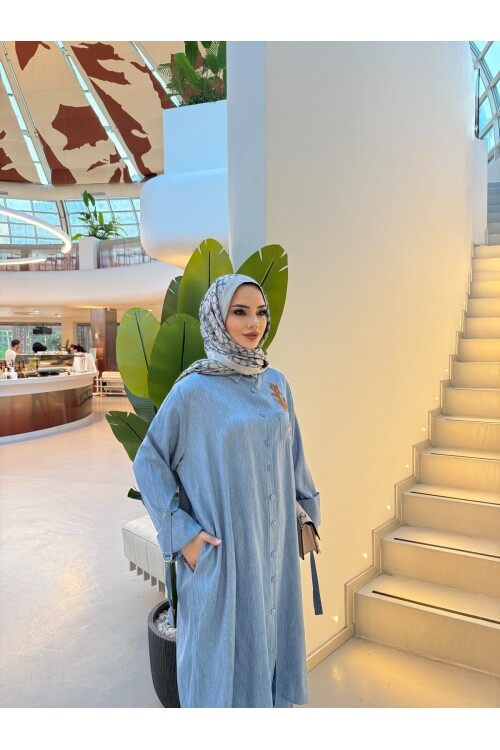 V264 Mavi Cep Nakışlı Tensel Takım