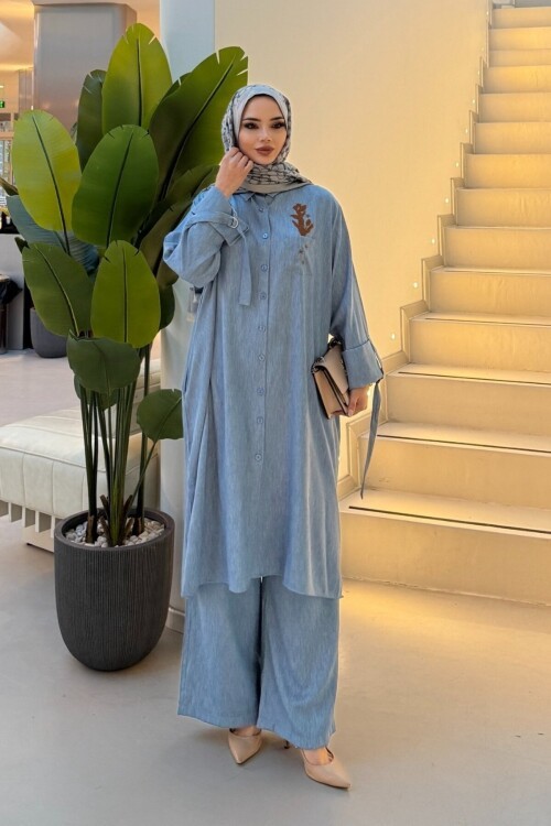 V264 Mavi Cep Nakışlı Tensel Takım