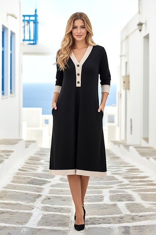 V267 Siyah Göğüse Kadar Düğmeli Oysho Elbise