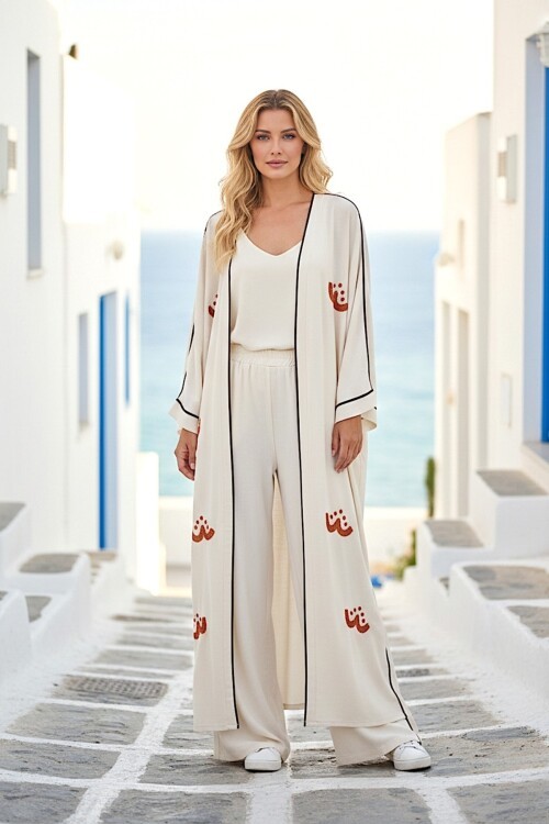 V272 Nakışlı Kimono Keten Takım