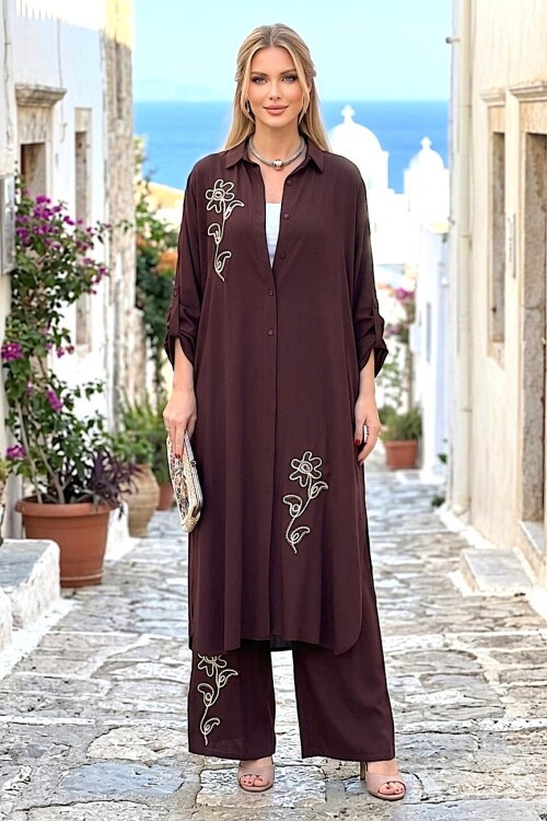 V276 Kahve Alt-Üst Çiçek Nakışlı Takım