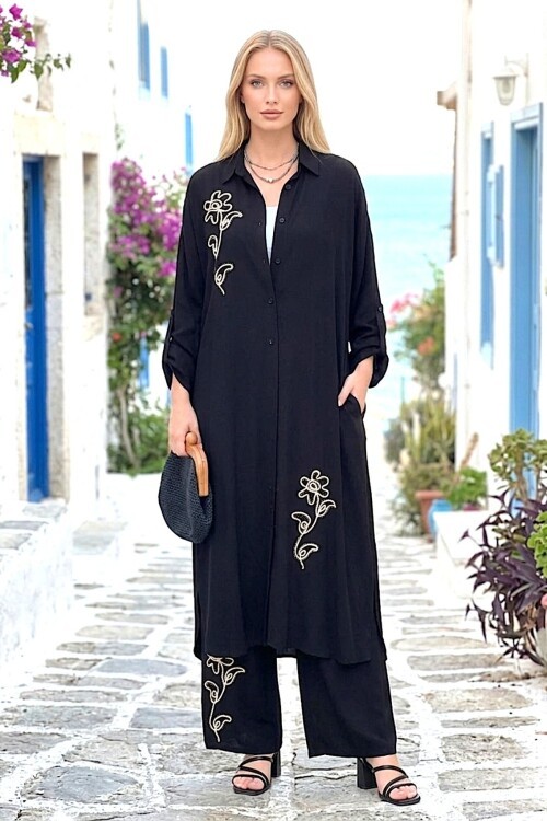 V276 Siyah Alt-Üst Çiçek Nakışlı Takım